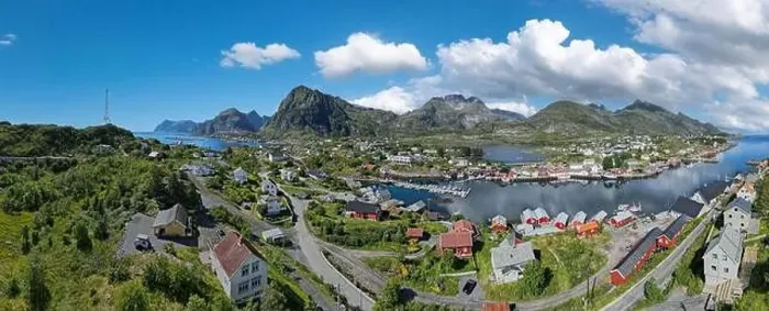 Framed Print : Aerial view, panorama with village view amidst lush landscape at Vestfjord, Sorvagen, Lofoten, Norway, Europe Framed Print : Aerial view, panorama with village view amidst lush landscape at Vestfjord, Sorvagen, Lofoten, Norway, Europe