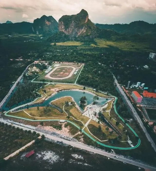 Framed Print : Aerial view of a park looking like a sword fish in Krabi, Thailand Framed Print : Aerial view of a park looking like a sword fish in Krabi, Thailand