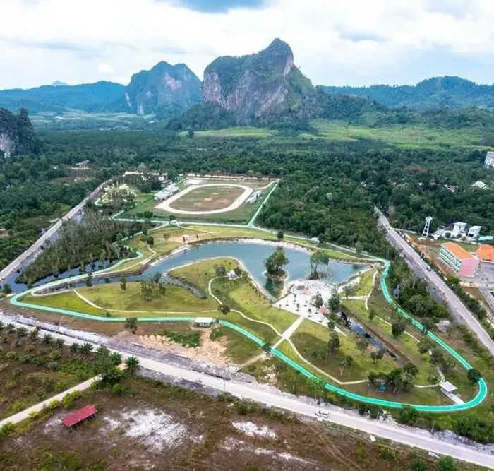 Framed Print : Aerial view of a park looking like a sword fish in Krabi, Thailand Framed Print : Aerial view of a park looking like a sword fish in Krabi, Thailand