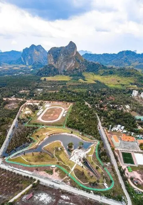 Framed Print : Aerial view of a park looking like a sword fish in Krabi, Thailand Framed Print : Aerial view of a park looking like a sword fish in Krabi, Thailand