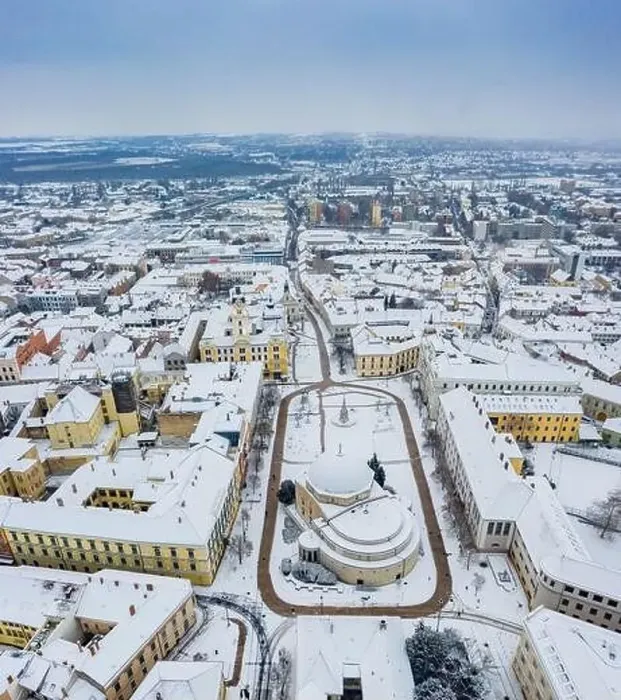 Framed Print : aerial view of Pecs, Hungary at winter with snowy rooftops Framed Print : aerial view of Pecs, Hungary at winter with snowy rooftops