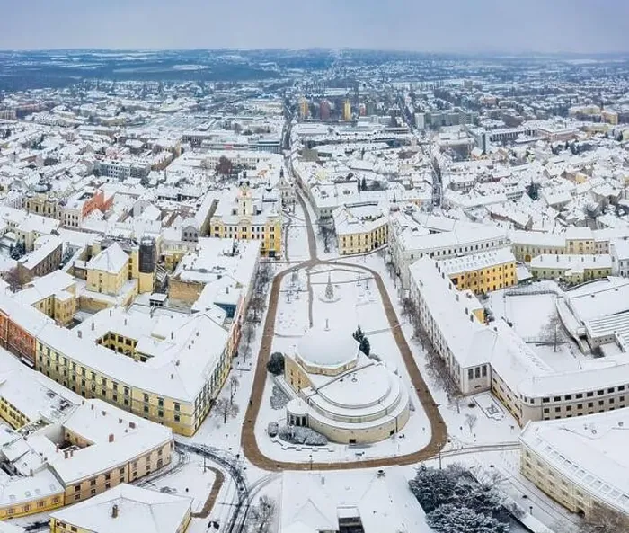 Framed Print : aerial view of Pecs, Hungary at winter with snowy rooftops Framed Print : aerial view of Pecs, Hungary at winter with snowy rooftops