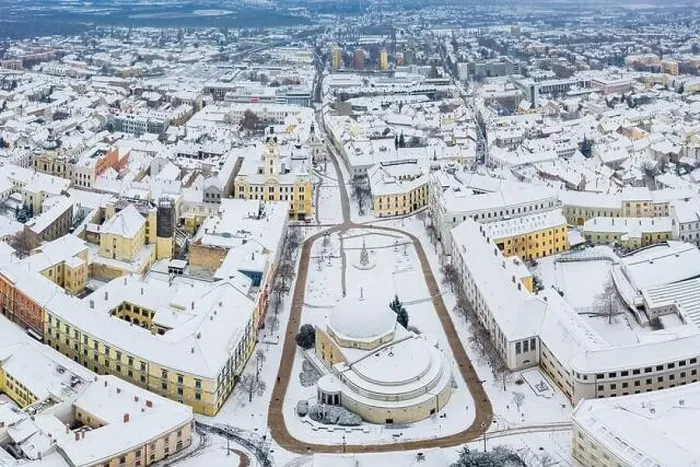 Framed Print : aerial view of Pecs, Hungary at winter with snowy rooftops Framed Print : aerial view of Pecs, Hungary at winter with snowy rooftops