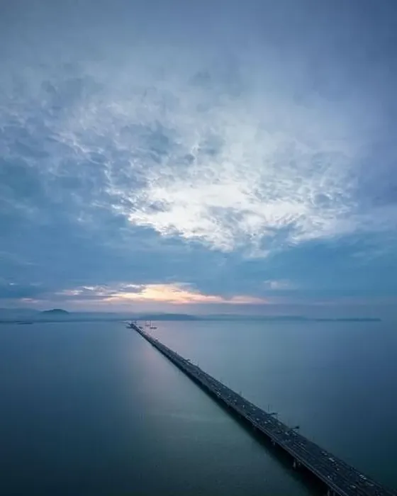 Framed Print : Aerial view of Penang Bridge at dawn, Gelugor, Pulau Pinang, Penang, Malaysia, Asia Framed Print : Aerial view of Penang Bridge at dawn, Gelugor, Pulau Pinang, Penang, Malaysia, Asia
