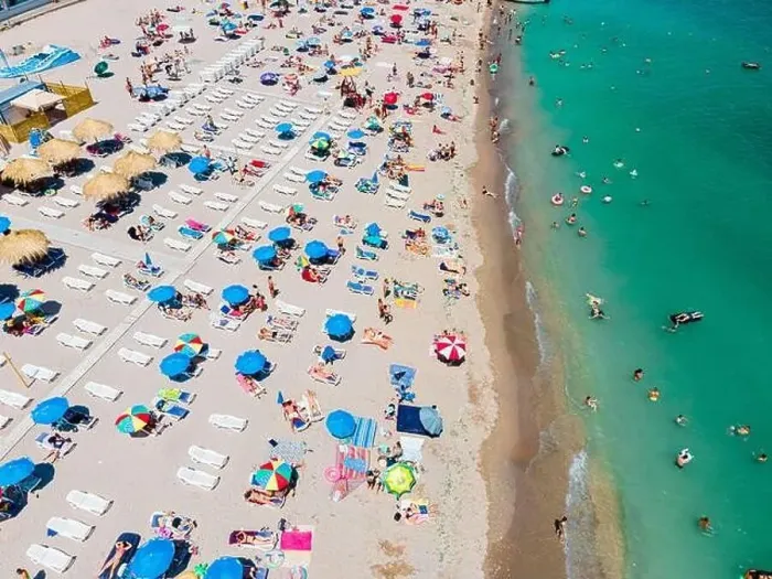 Framed Print : Aerial View Of People And Colorful Umbrellas On Ocean Seaside Beach In Summer Framed Print : Aerial View Of People And Colorful Umbrellas On Ocean Seaside Beach In Summer