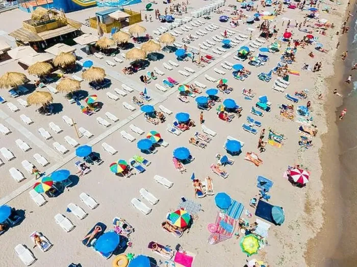 Framed Print : Aerial View Of People And Colorful Umbrellas On Ocean Seaside Beach In Summer Framed Print : Aerial View Of People And Colorful Umbrellas On Ocean Seaside Beach In Summer