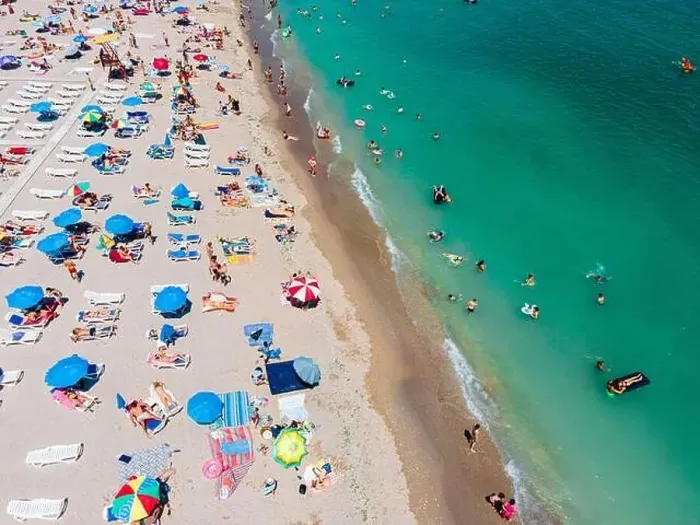 Framed Print : Aerial View Of People And Colorful Umbrellas On Ocean Seaside Beach In Summer Framed Print : Aerial View Of People And Colorful Umbrellas On Ocean Seaside Beach In Summer