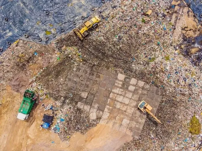 Framed Print : Aerial top view photo from flying drone of large garbage pile Framed Print : Aerial top view photo from flying drone of large garbage pile