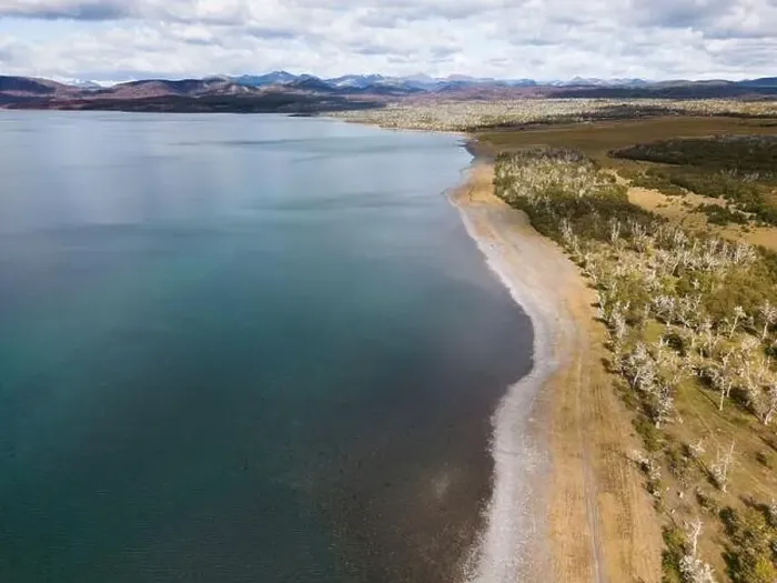 Framed Print : Aerial view of picturesque Lago Yehuin on the island Tierra del Fuego, Argentina, South America