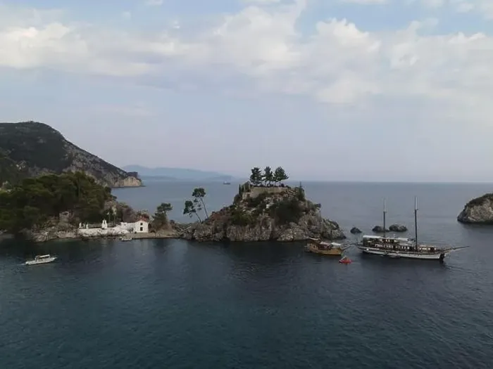 Framed Print : Aerial View Pirate Ships Near Island Of Panagia In Famous Tourist Destination Parga Town The Greek Caribbean Of Epirus