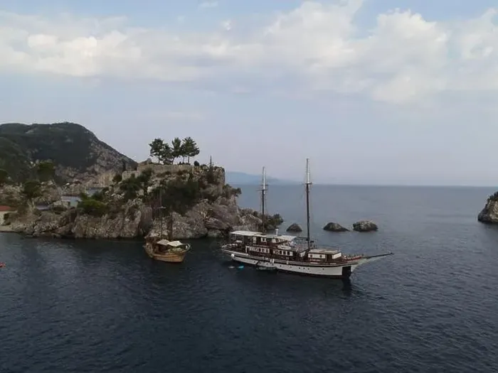 Framed Print : Aerial View Pirate Ships Near Island Of Panagia In Famous Tourist Destination Parga Town The Greek Caribbean Of Epirus Framed Print : Aerial View Pirate Ships Near Island Of Panagia In Famous Tourist Destination Parga Town The Greek Caribbean Of Epirus