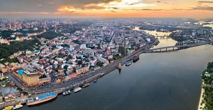 Framed Print : Aerial view of Podil, a historic district of Kiev, Ukraine Framed Print : Aerial view of Podil, a historic district of Kiev, Ukraine