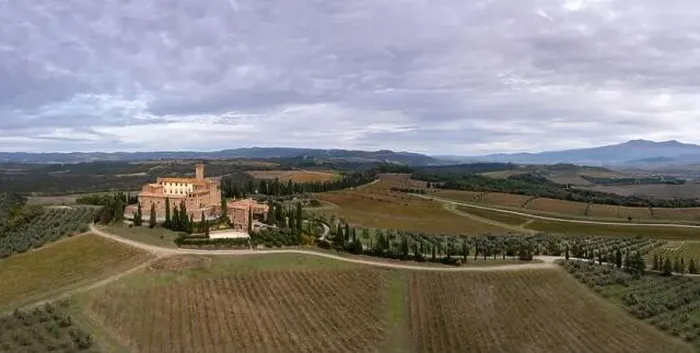 Framed Print : Aerial view of the Poggio alle Mura Castle and Villa Banfi wine resort in Tuscany Framed Print : Aerial view of the Poggio alle Mura Castle and Villa Banfi wine resort in Tuscany