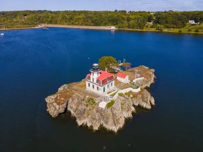 Framed Print : Aerial view of Pomham Rocks Lighthouse on Providence River near Narragansett Bay in East Providence Framed Print : Aerial view of Pomham Rocks Lighthouse on Providence River near Narragansett Bay in East Providence