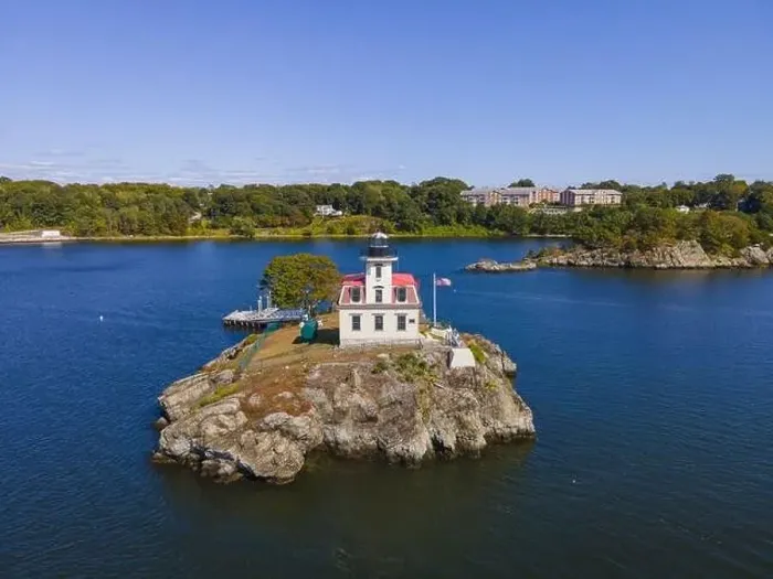 Framed Print : Aerial view of Pomham Rocks Lighthouse on Providence River near Narragansett Bay in East Providence Framed Print : Aerial view of Pomham Rocks Lighthouse on Providence River near Narragansett Bay in East Providence