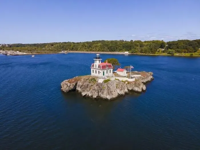 Framed Print : Aerial view of Pomham Rocks Lighthouse on Providence River near Narragansett Bay in East Providence Framed Print : Aerial view of Pomham Rocks Lighthouse on Providence River near Narragansett Bay in East Providence