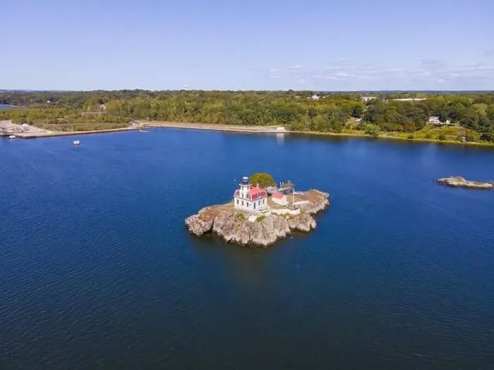 Framed Print : Aerial view of Pomham Rocks Lighthouse on Providence River near Narragansett Bay in East Providence Framed Print : Aerial view of Pomham Rocks Lighthouse on Providence River near Narragansett Bay in East Providence