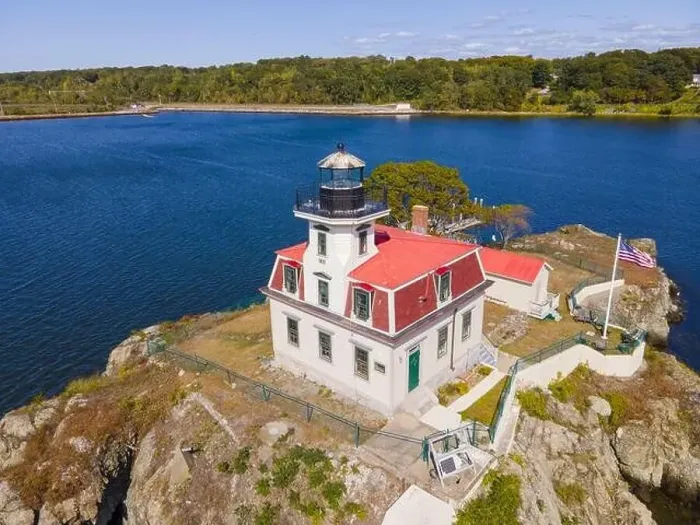Framed Print : Aerial view of Pomham Rocks Lighthouse on Providence River near Narragansett Bay in East Providence Framed Print : Aerial view of Pomham Rocks Lighthouse on Providence River near Narragansett Bay in East Providence