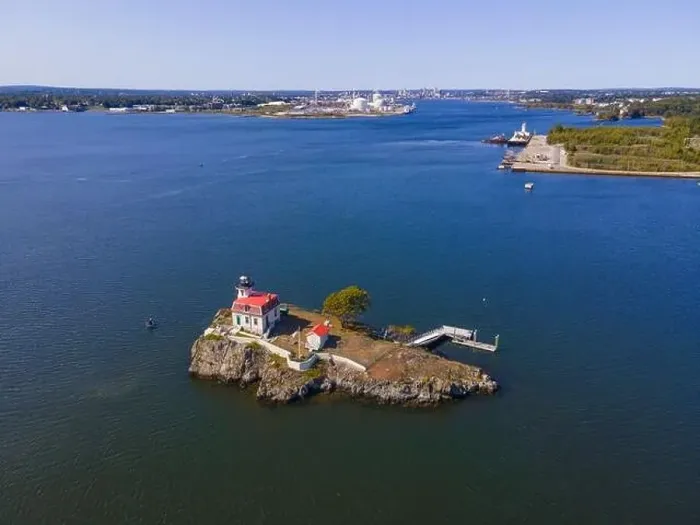 Framed Print : Aerial view of Pomham Rocks Lighthouse on Providence River near Narragansett Bay in East Providence Framed Print : Aerial view of Pomham Rocks Lighthouse on Providence River near Narragansett Bay in East Providence