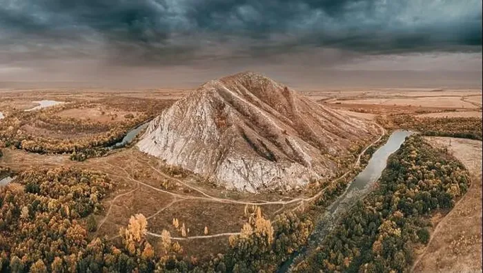 Framed Print : Aerial view of the popular attraction of Bashkortostan - Mount Shikhan Framed Print : Aerial view of the popular attraction of Bashkortostan - Mount Shikhan
