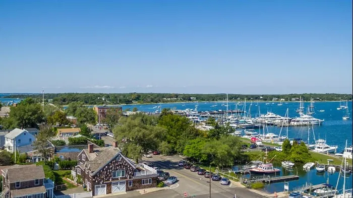 Framed Print : Aerial view of a portion of bay street and marina in Sag Harbor, NY
