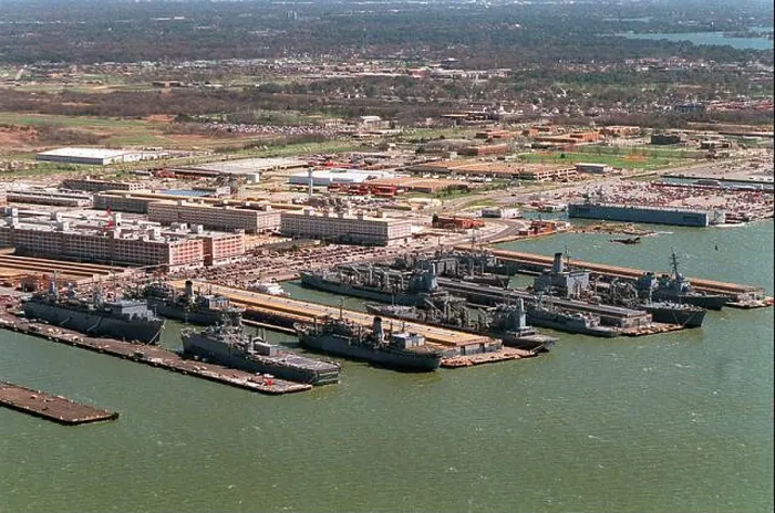 Framed Print : An aerial view of a portion of the Norfolk Naval Station showing piers two Framed Print : An aerial view of a portion of the Norfolk Naval Station showing piers two