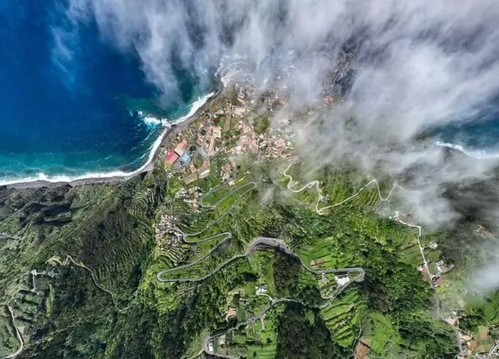 Framed Print : Aerial view of Porto Moniz with volcanic lava swimming pools Framed Print : Aerial view of Porto Moniz with volcanic lava swimming pools