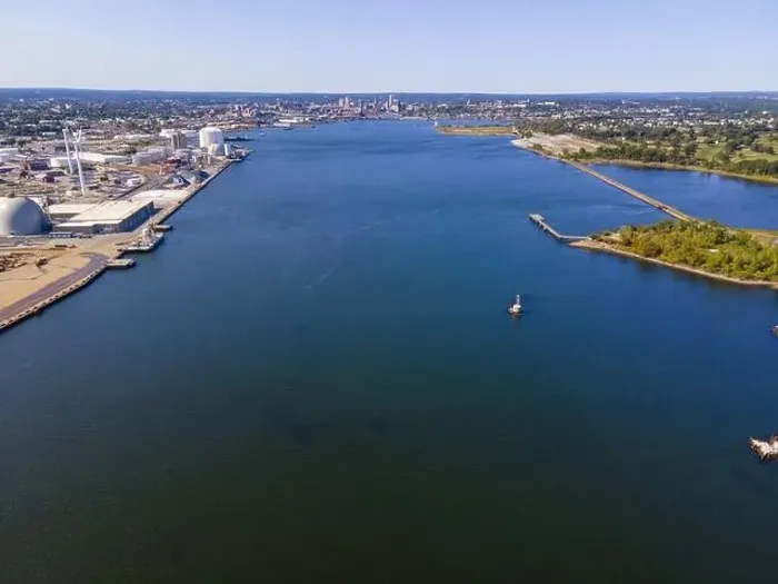 Framed Print : Aerial view of Providence River near Narragansett Bay with Providence city at the background Framed Print : Aerial view of Providence River near Narragansett Bay with Providence city at the background