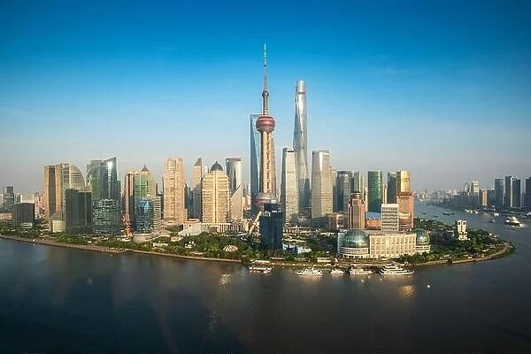 Aerial view of Pudong skyline with Oriental Pearl tower and Lujiazui Business district skyscraper with Huangpu river in Shanghai, China. Asian tourism