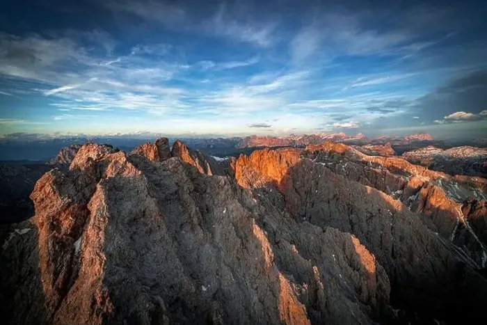 Framed Print : Aerial view of Puez Odle, Furchetta and Sass Rigais at sunset, Dolomites, South Tyrol, Italy, Europe