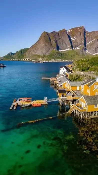Framed Print : An aerial view of a quaint Norwegian village nestled on the coast of Lofoten Framed Print : An aerial view of a quaint Norwegian village nestled on the coast of Lofoten
