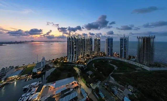 Framed Print : Aerial view of the Regatta Apartment icon waterfront city Pluit when sunset