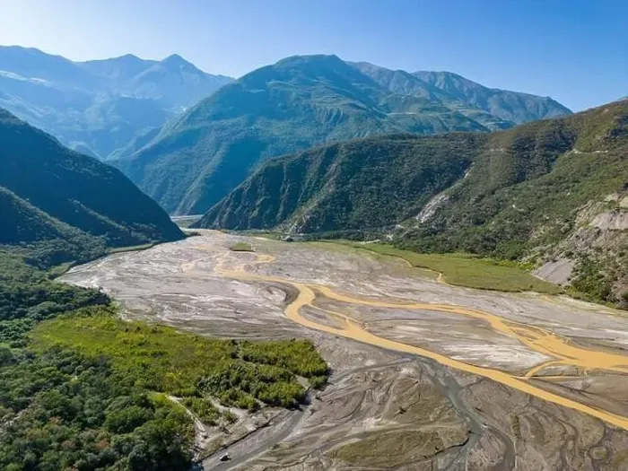Framed Print : Aerial view of the remote Rio Sacambaya landscape with a huge riverbed