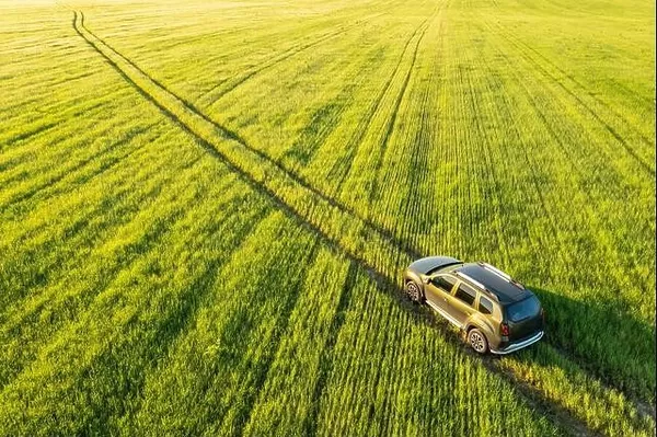 Aerial view of Renault Duster car SUV driving on countryside road in spring field rural landscape. Car driving on corn maize plantation