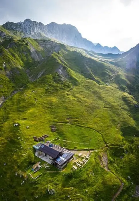 Framed Print : Aerial view of Rino Olmo refuge and Valzurio valley with Presolana Framed Print : Aerial view of Rino Olmo refuge and Valzurio valley with Presolana