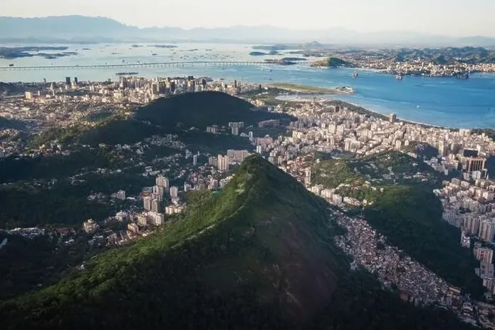 Framed Print : Aerial view of Rio with Santa Marta Hill and Rio-Niteroi Bridge - Rio de Janeiro, Brazil Framed Print : Aerial view of Rio with Santa Marta Hill and Rio-Niteroi Bridge - Rio de Janeiro, Brazil