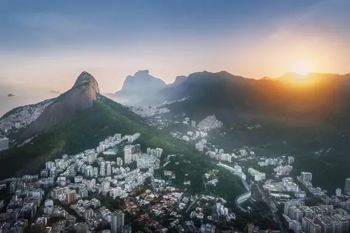 Framed Print : Aerial view of Rio at sunset with Dois Irmaos Mountain (Morro Dois Irmaos) and Pedra da Gavea Hill - Rio de Janeiro Framed Print : Aerial view of Rio at sunset with Dois Irmaos Mountain (Morro Dois Irmaos) and Pedra da Gavea Hill - Rio de Janeiro