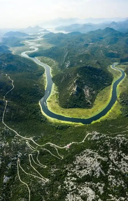 Framed Print : Aerial view of river Crnojevica leading to lake Skadar through a mountainous landscape Framed Print : Aerial view of river Crnojevica leading to lake Skadar through a mountainous landscape