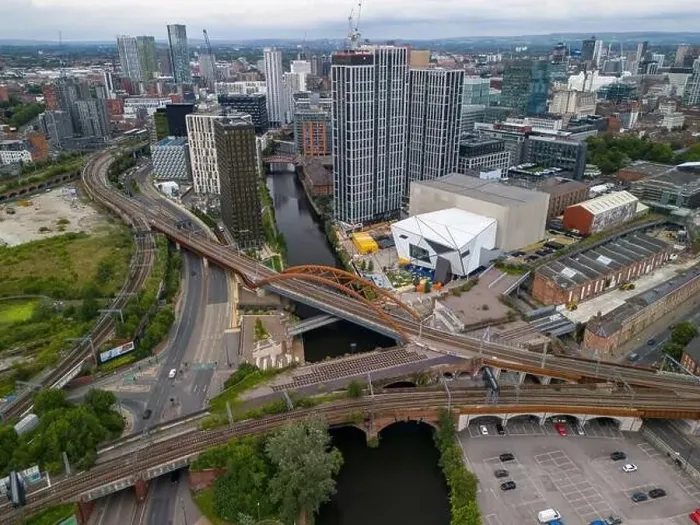 Framed Print : Aerial view over the River Irwell and Manchester / Salford cityscapes Framed Print : Aerial view over the River Irwell and Manchester / Salford cityscapes