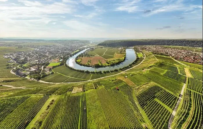 Framed Print : aerial view of the river loop in the Neckar Valley with its famous steep vineyards next to Mundelsheim Framed Print : aerial view of the river loop in the Neckar Valley with its famous steep vineyards next to Mundelsheim