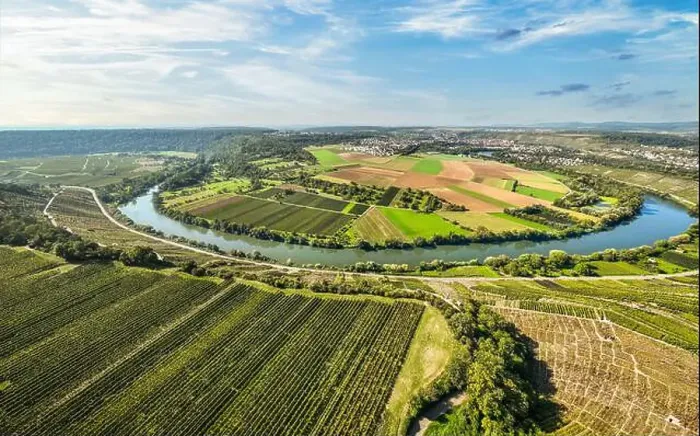 Framed Print : aerial view of the river loop in the Neckar Valley with its famous steep vineyards next to Mundelsheim Framed Print : aerial view of the river loop in the Neckar Valley with its famous steep vineyards next to Mundelsheim