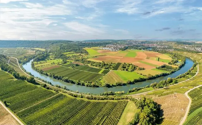 Framed Print : aerial view of the river loop in the Neckar Valley with its famous steep vineyards next to Mundelsheim Framed Print : aerial view of the river loop in the Neckar Valley with its famous steep vineyards next to Mundelsheim
