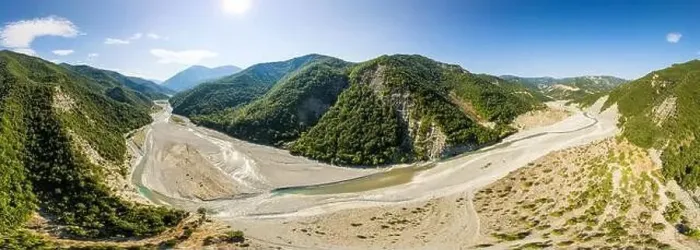Framed Print : Aerial view of river Osum in Albania near village Rog in Summer 2022 Framed Print : Aerial view of river Osum in Albania near village Rog in Summer 2022