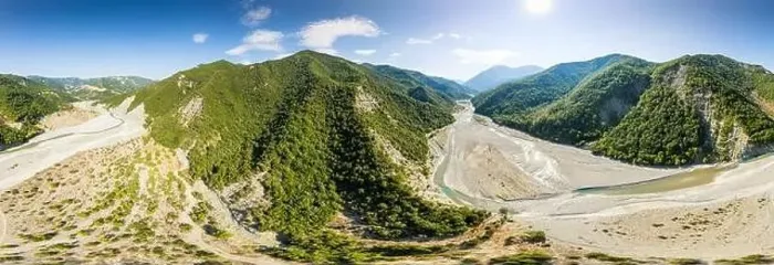 Framed Print : Aerial view of river Osum in Albania near village Rog in Summer 2022 Framed Print : Aerial view of river Osum in Albania near village Rog in Summer 2022