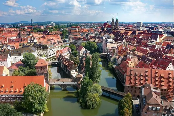 Framed Print : Aerial view, in front river Pegnitz Framed Print : Aerial view, in front river Pegnitz