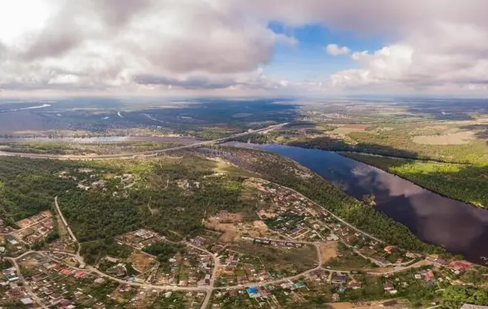 Framed Print : Aerial view on river and town Framed Print : Aerial view on river and town