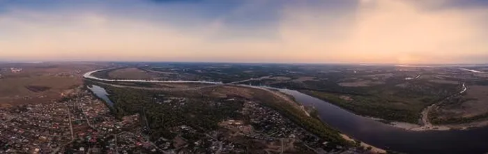 Framed Print : Aerial view on river and town. Panorama 360 Framed Print : Aerial view on river and town. Panorama 360