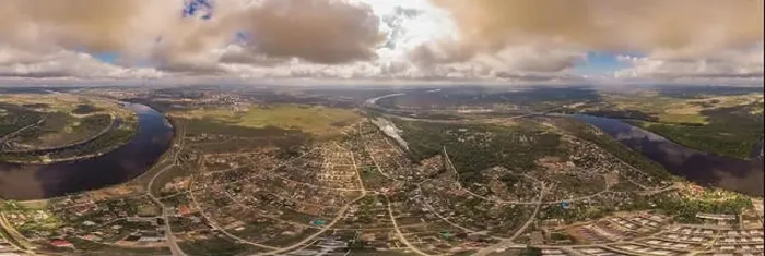 Framed Print : Aerial view on river and town. Panorama 360 Framed Print : Aerial view on river and town. Panorama 360