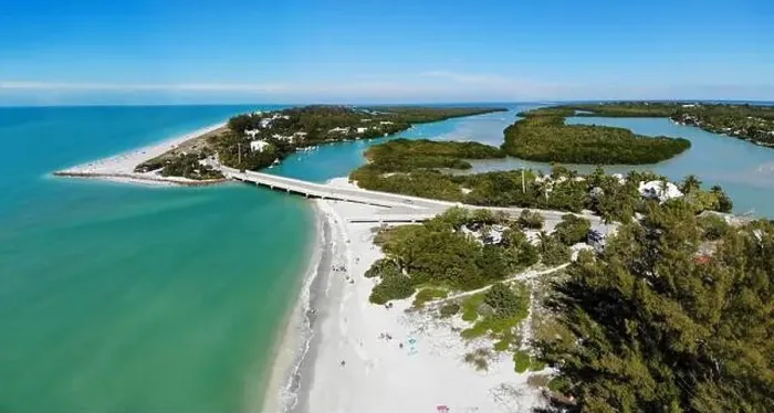 Framed Print : Aerial view of the road bridge between Captiva Island and Sanibel Island in Lee County, Florida, United States