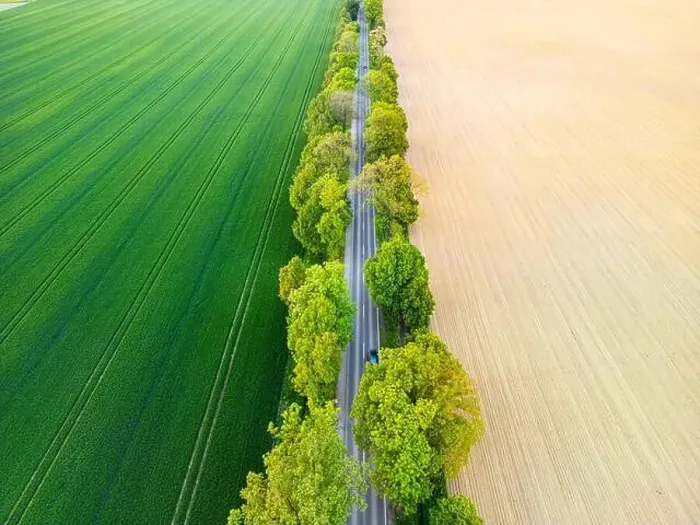 Framed Print : Aerial view of road through fields Framed Print : Aerial view of road through fields